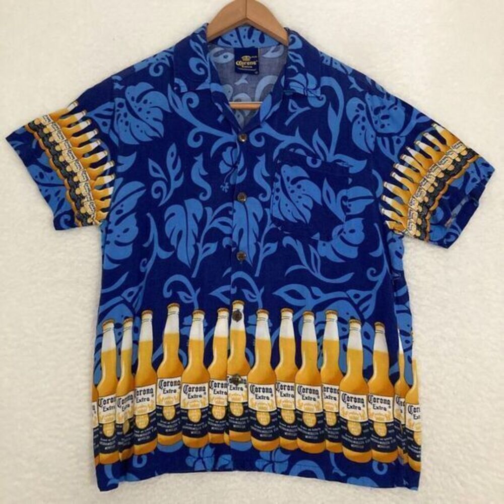 Corona Beer Hawaiian Shirt Mens M Short Sleeve Tropical Floral Alcohol AOP Camp